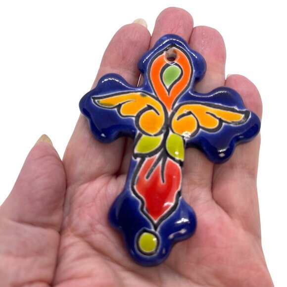 Talavera Crucifix Holy Cross Mexico Ceramic Art Hanging Wall Ornament Mini Blue - Picture 4 of 9
